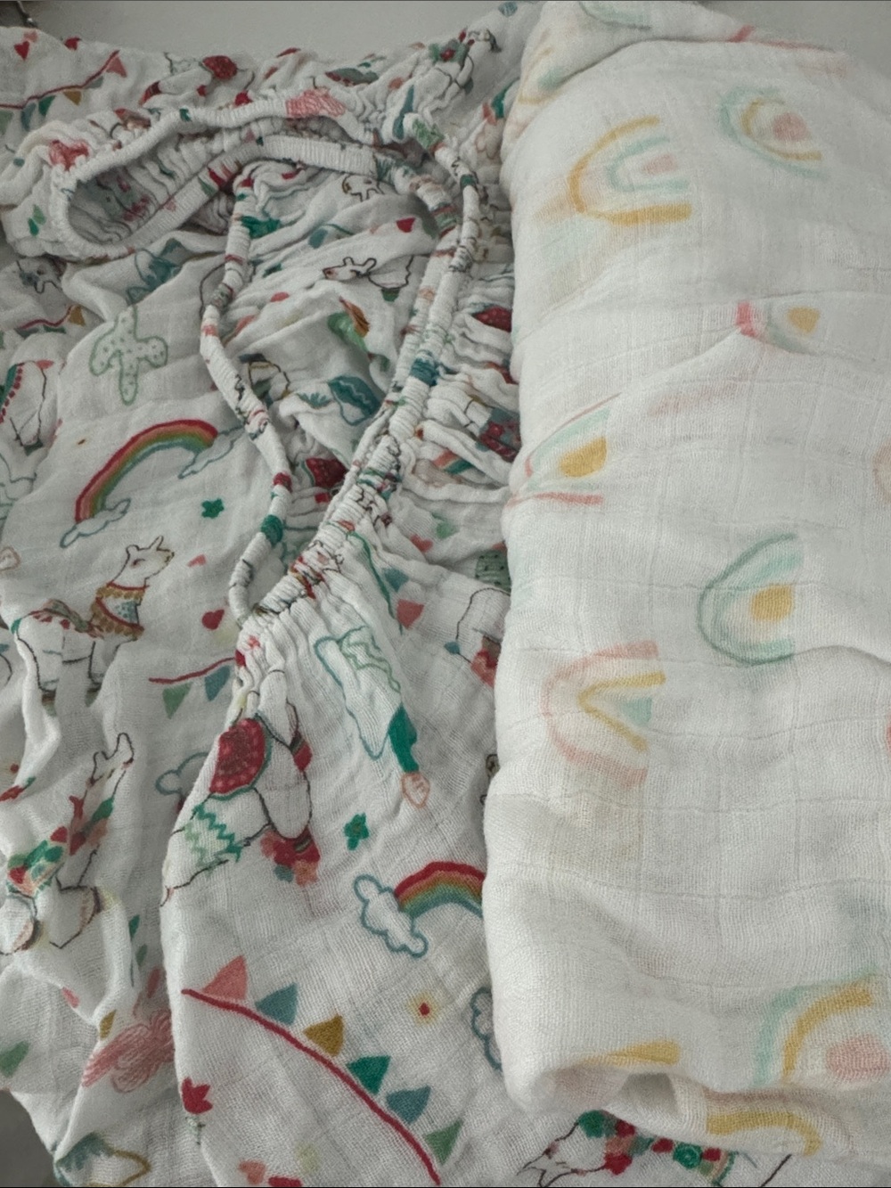 White Muslin Crib sheets with Pastel Rainbow & Llama Prints